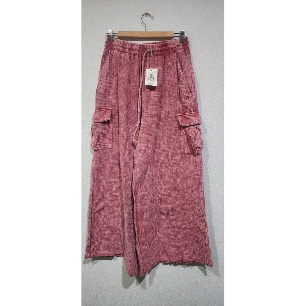 NWT Easel Cargo Pants Women M Pink Gauze Wide Leg Cotton Boho Lagenlook Gorpcore